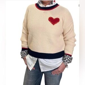 CENTRAL PARK WEST love heart waffle crew neck graphic embroidered sweater